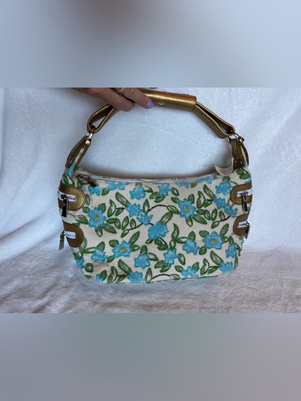 New with tags vintage hand beaded purse  shoulder bag blue green cream flower 80